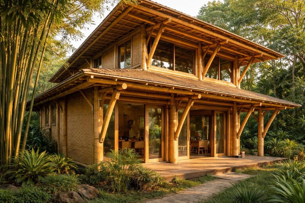 découvrez comment construire une maison écologique en bambou avec une structure porteuse solide et un bardage naturel traité moso, alliant durabilité et esthétique.